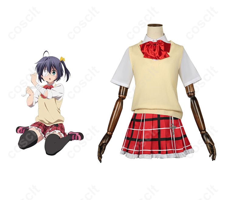 「中二病でも恋がしたい！ 小鳥遊六花 夏服 コスプレ衣装」の正面とキャラクターの組み合わせを表現した画像。