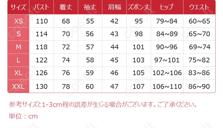コスプレ衣装のサイズと寸法を示す対応表。