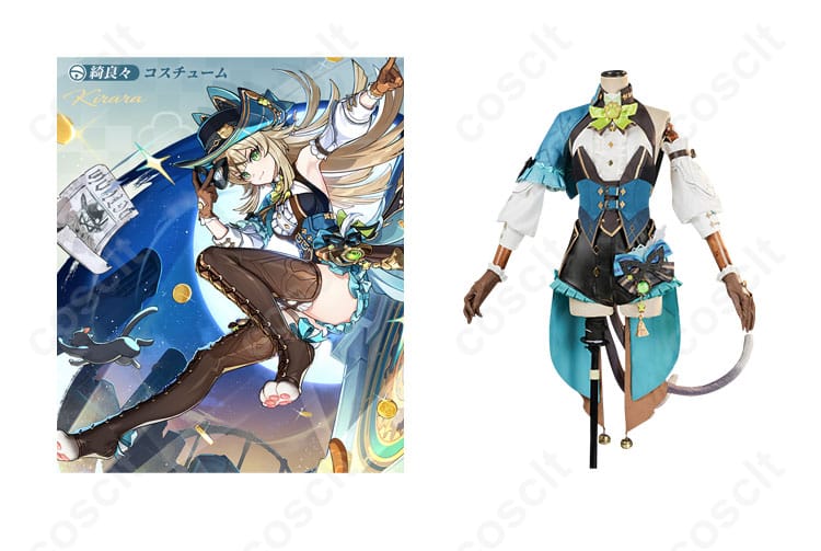 商品正面とキャラクター「綺良々」コスプレ衣装の組み合わせ画像 - 原神のキャラクター綺良々の「麗しき怪傑」コスプレ衣装。