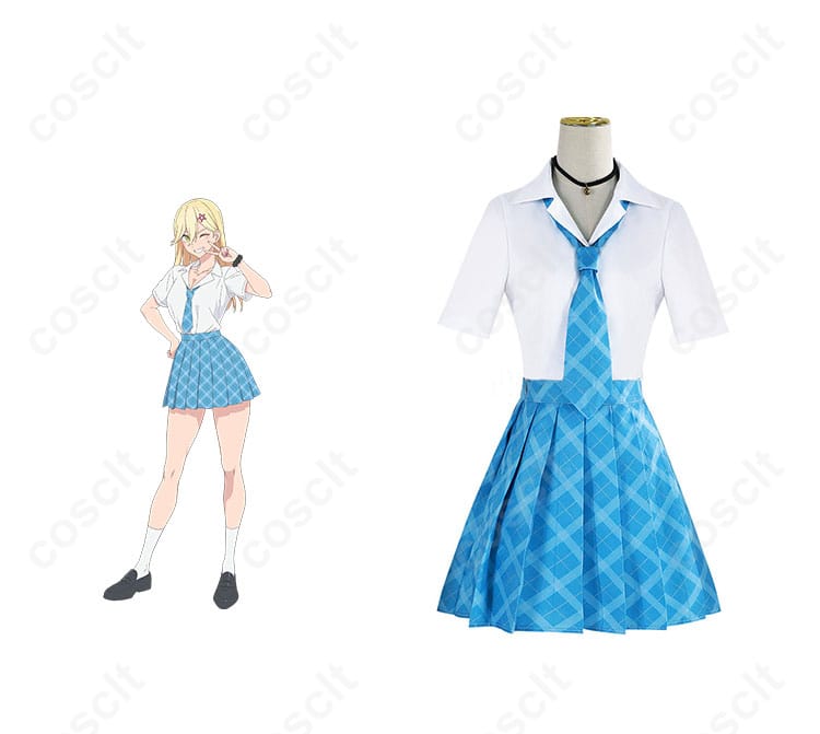 商品正面とキャラクター喜咲アリアのコスプレ衣装の組み合わせ。アニメ「2.5次元の誘惑」の忠実再現コスプレ衣装。