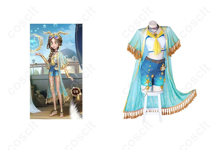 商品正面とフィオナ・ジルマンキャラクターを合わせたコスプレ衣装の画像。忠実に再現されたデザインとディテールが特徴。