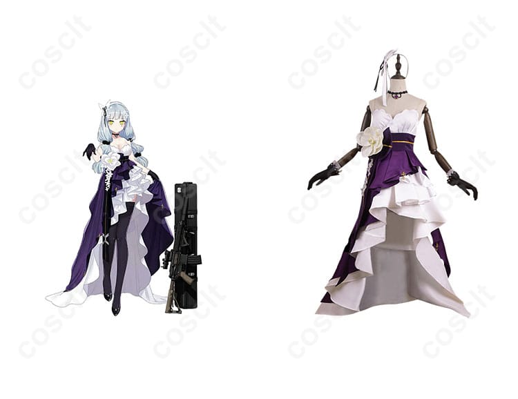 商品正面とキャラクターの合わせたコスプレ衣装。ドールズフロントライン HK416の星の繭コスプレ衣装の全貌。高い再現度でキャラクターの魅力を表現。