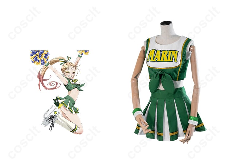 商品正面とキャラクターの融合画像 - 喜多川海夢のチアガールコスプレ衣装。アニメ「その着せ替え人形は恋をする」のキャラクターとリアルに再現された衣装の組み合わせ。コスプレ通販でゲット！