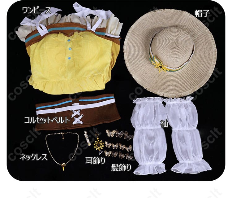 白石杏「優しい記憶」コスプレ衣装のセット内容を全て紹介する画像。ワンピース、帽子、コルセットなど、すべてのアイテムが一目でわかります。