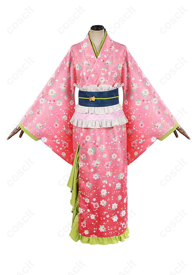 商品正面図、甘露寺蜜璃のコスプレ衣装の全体像。きれいなデザインと高い再現度が特徴のコスプレ衣装。
