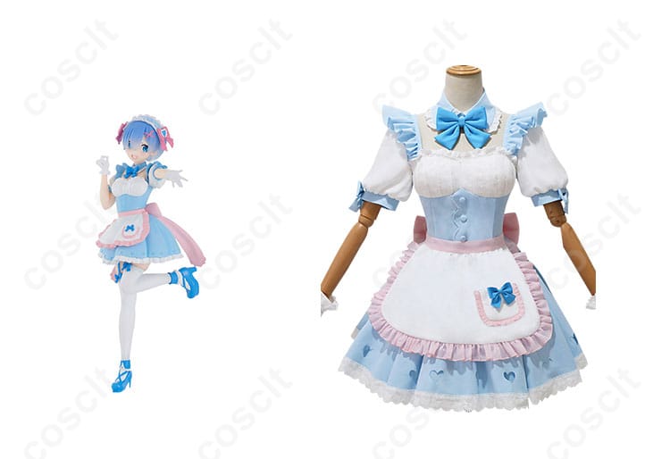 商品正面とレム（Rem）キャラクターのコスプレ衣装を組み合わせた画像。夢かわメイド衣装の詳細。