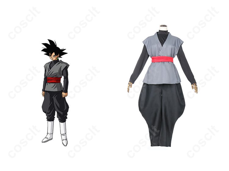 商品正面とキャラクターゴクウブラックのコスプレ衣装の画像。高い再現度を誇るドラゴンボール超のキャラクターコスプレ衣装。