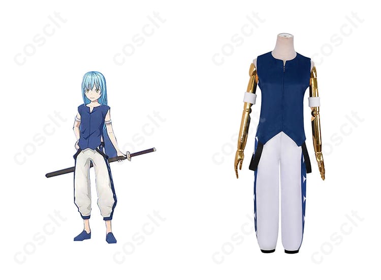 商品正面とリムル=テンペストのコスプレ衣装。高い再現度で、アニメ「転生したらスライムだった件」のキャラクターを忠実に再現。