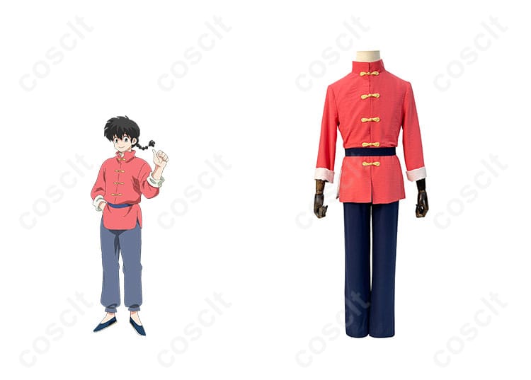 らんま1/2 早乙女乱馬 コスプレ衣装 商品正面とキャラクターのポーズを組み合わせた写真。コスプレ衣装の詳細が確認できます。