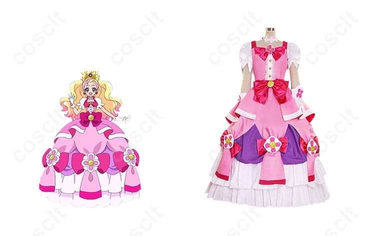 Go!プリンセスプリキュア キュアフローラ コスプレ衣装 正面とキャラクターイメージの組み合わせ。高再現度でキャラクターの魅力を引き立てる衣装です。