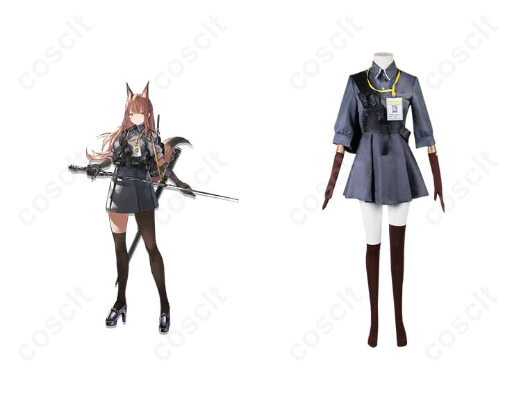 アークナイツ フランカ コスプレ衣装の正面とキャラクターの写真。忠実に再現されたデザインが特徴です。コスプレイベントに最適。