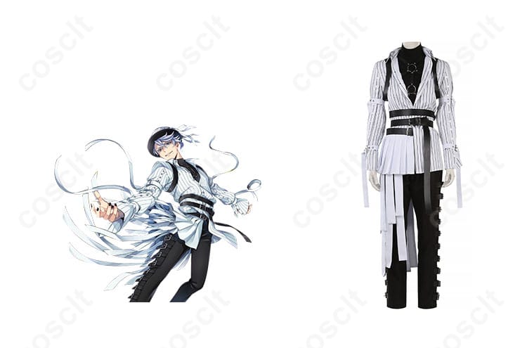 商品正面とキャラクター（アズール・アーシェングロット、フロイド・リーチ、ジェイド・リーチ）を組み合わせたコスプレ衣装の画像。ツイステ コスプレ衣装