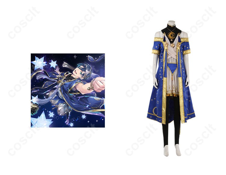 ツイステ デュース・スペード コスプレ衣装 星送りの衣 正面とキャラクターのコラボ画像。美しいデザインと高い再現度が魅力。