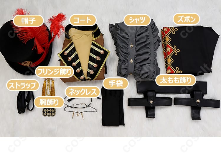 ディズニー ツイステッドワンダーランド レオナ・キングスカラー コスプレ衣装 セット内容全体図。すべてのアイテムが確認できる。