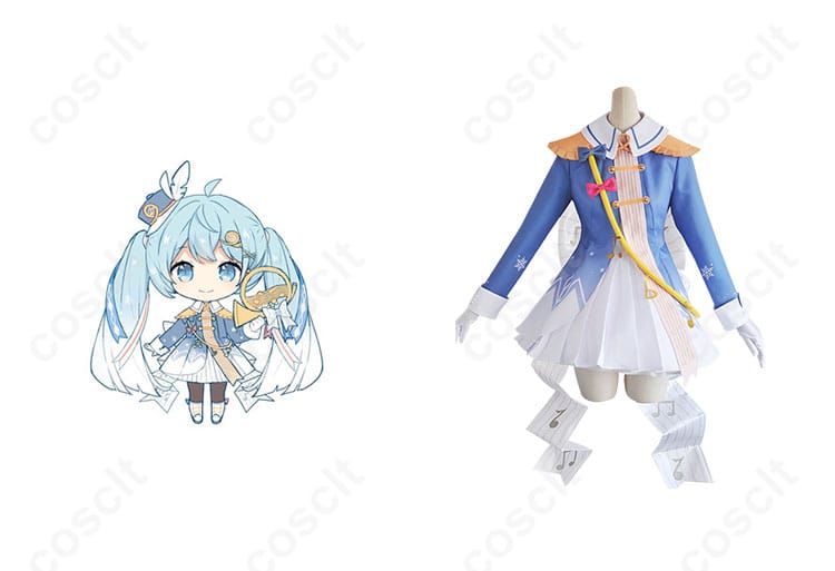 雪ミク 初音ミク コスプレ衣装 正面図 キャラクターと一緒に撮影した衣装の詳細。
