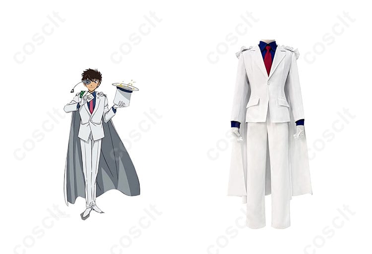商品正面とキャラクター（怪盗キッド）を組み合わせた画像。名探偵コナンのコスプレ衣装、怪盗キッド（黒羽快斗）コスプレ衣装の全体像。