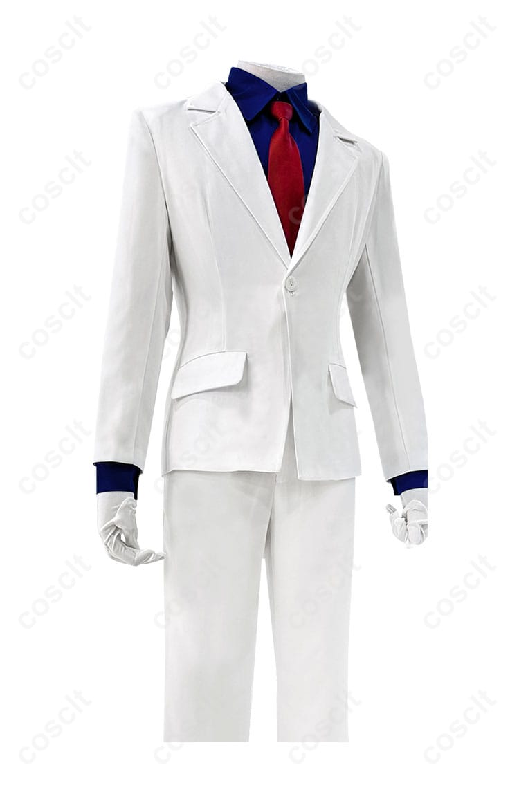 服装左側の装飾細部。怪盗キッド（黒羽快斗）コスプレ衣装の左側装飾、マントや肩飾りのディテールに焦点を当てた画像。