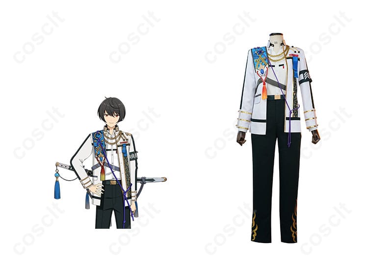 あんさんぶるスターズ！！ 朔間凛月 コスプレ衣装 チャンバラナイト衣装 キャラクターと一緒に着用した正面図。高再現度で魅力的なデザイン。