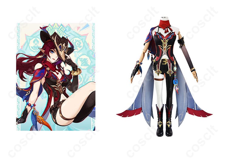 原神 チャスカ コスプレ衣装の正面とキャラクターの組み合わせ。