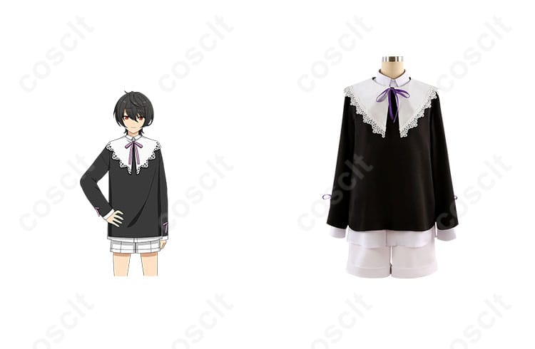 商品正面とキャラクター朔間凛月の私服（幼少期）コスプレ衣装を一緒に写した画像。高い再現度とオーダメイド可能なコスプレ衣装。