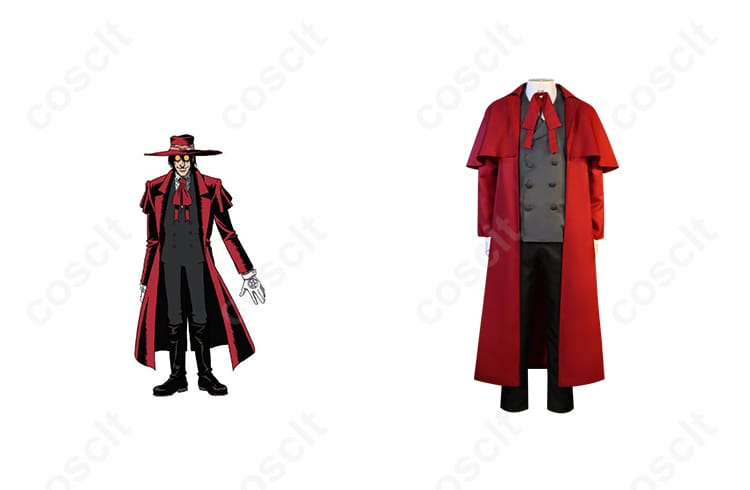商品正面とアーカードキャラクターが並ぶコスプレ衣装の画像。ヘルシングアーカードの魅力を引き立てる衣装。