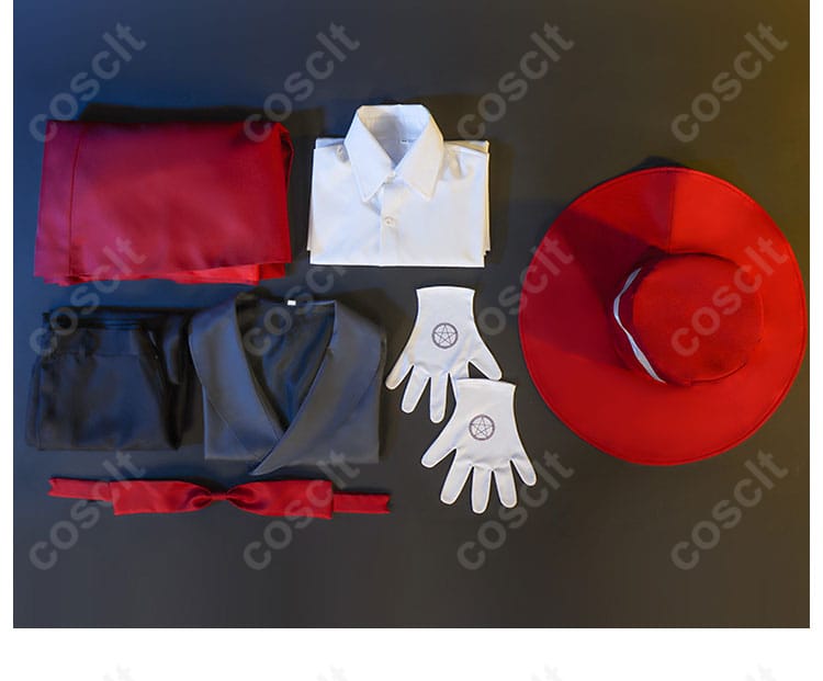 コスプレセットの内容を紹介する画像。衣装一式がしっかりと整然とした状態で展示されています。