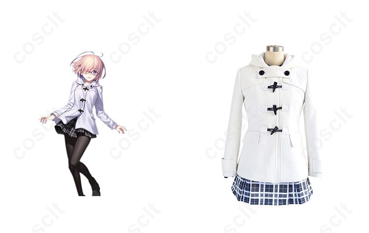 FGOのマシュ・キリエライトのキャラクターと商品正面の画像。コスプレ衣装の詳細が見える。