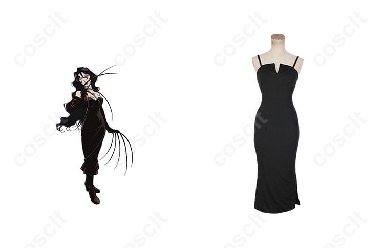 鋼の錬金術師 ラスト コスプレ衣装 正面とキャラクターの融合画像。アニメキャラの忠実再現、コスプレに最適な一着。