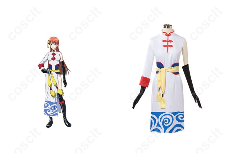 劇場版銀魂 完結編 神楽（5年後）コスプレ衣装の正面とキャラクターの結合画像。忠実再現の衣装で、銀魂ファン必見。
