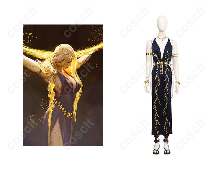 エルデンリング 永遠の女王マリカ コスプレ衣装の商品正面とキャラクターとのコラボ写真