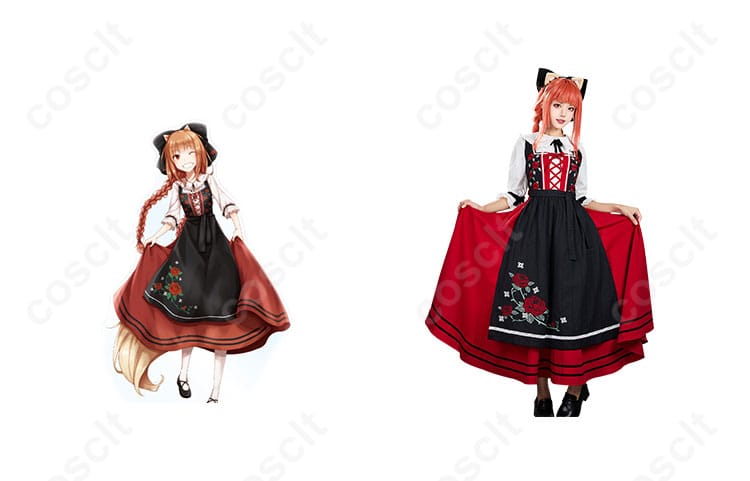 商品正面とキャラクターとのコスプレ衣装合わせ：ホロのアルザス民族衣装を着た正面の画像。