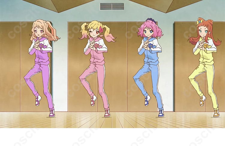 商品キャラクターのコスプレ衣装画像、アイカツ！スタイルの桜庭ローラ、七倉小春、虹野ゆめ、早乙女あこのコスプレ衣装