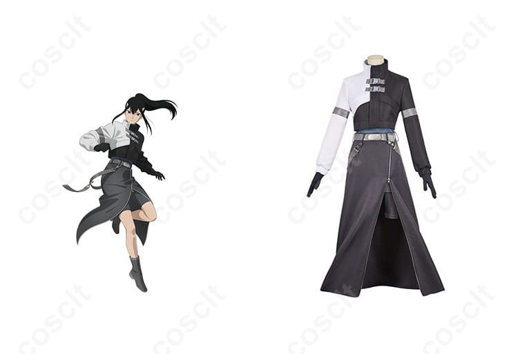 商品正面とキャラクター亜白ミナのコスプレ衣装を着た写真｜怪獣8号 コスプレ衣装 第3部隊 隊長制服