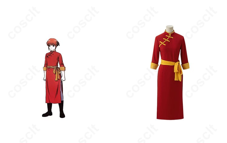 銀魂の神楽コスプレ衣装の正面とキャラクターのイラストが組み合わさった画像。高い再現度でコスプレファン必見。