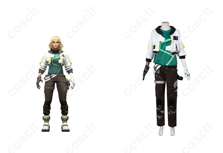 商品正面とキャラクターの組み合わせ画像 - VALORANTのデッドロックコスプレ衣装、キャラクターとコスチュームの高い再現性を確認。