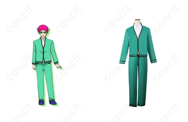 斉木楠雄 コスプレ衣装 正面とキャラクターの組み合わせ画像。アニメの主人公、斉木楠雄の高忠実再現コスプレ衣装。