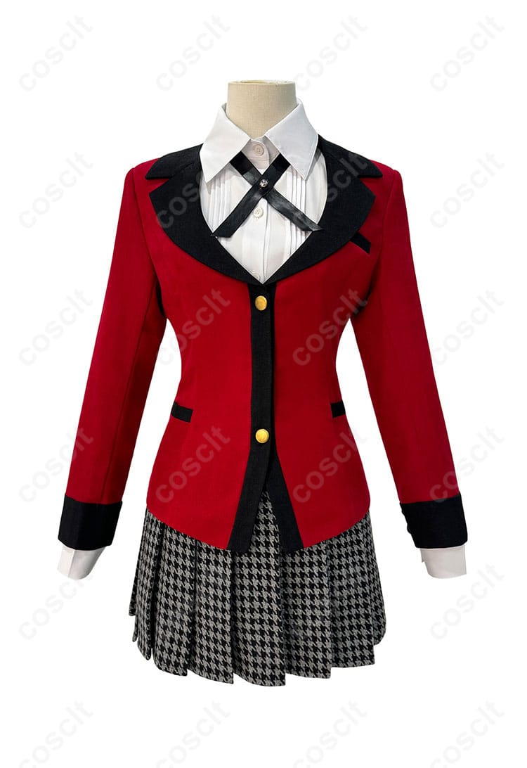 賭ケグルイ 蛇喰夢子 コスプレ衣装の正面装飾の細部。リボンと胸元の刺繍が美しく再現されています。