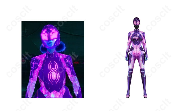 スパイダーバース マーゴ・ケス（スパイダー・バイト）のコスプレ衣装正面とキャラクターの組み合わせ画像。高再現度のデザインで、スパイダーマンファン必見。