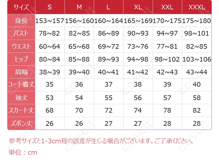 サイズと寸法に対応するデータ画像 - ゼンレスゾーンゼロ キング・シーザーコスプレ衣装のサイズと寸法対応、購入前に確認可能。