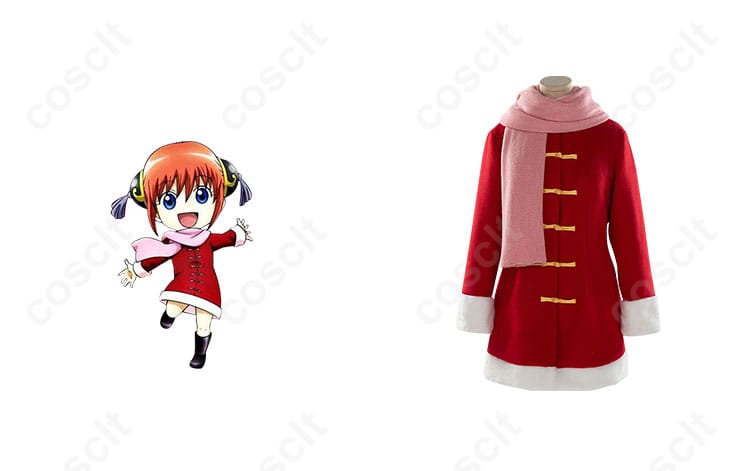商品正面と神楽のキャラクターを合わせたコスプレ衣装の写真｜銀魂 神楽 冬服 コスプレ衣装