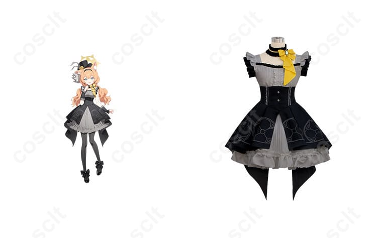 ブルーアーカイブ 伊落マリー アイドル コスプレ衣装 正面とキャラクターのイメージ画像。忠実再現されたアイドル衣装のディテールをご覧ください。