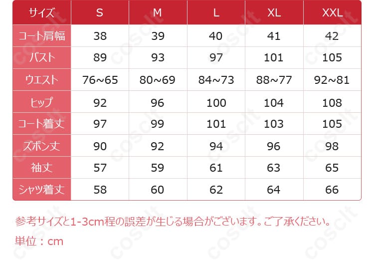 サイズと寸法に対応するデータ画像 – コスプレ衣装のサイズと寸法ガイド画像