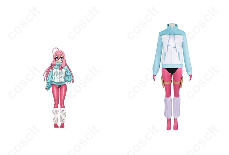 商品正面とキャラクターの合成画像。ニートくノ一となぜか同棲はじめましたの出浦白津莉コスプレ衣装の正面を確認できます。