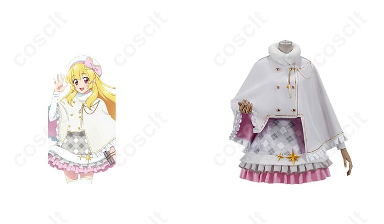 アイカツ！ 星宮いちご コスプレ衣装 ホワイトポンチョの正面とキャラクターの画像。コスプレ衣装の詳細なデザインがわかる一枚。