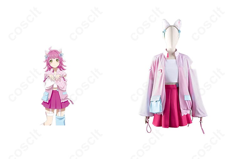 天王寺璃奈のコスプレ衣装の正面とキャラクター画像。ラブライブ！虹ヶ咲学園スクールアイドル同好会のデザインが忠実に再現されています。