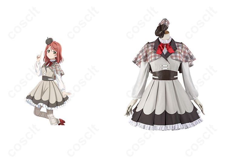 商品正面と上原歩夢キャラクターのコスプレ衣装。リアルなデザインと忠実再現で、ラブライブ！ファン必見！