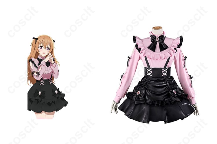 ラブライブ！虹ヶ咲学園スクールアイドル同好会 近江彼方 コスプレ衣装 正面とキャラクターの結合画像。蝶結び付きの可愛いデザインを確認してください。