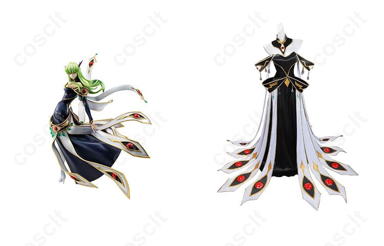 商品正面とキャラクターC.C.のコスプレ衣装、ブリタニア衣装の詳細