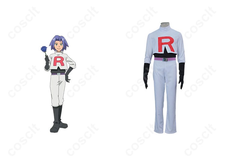 商品正面とコジロウ（ロケット団）のキャラクターが一緒に写ったコスプレ衣装