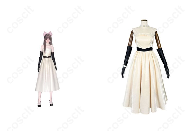 商品正面とキャラクターの人物が一緒に写っているコスプレ衣装の写真。高再現度で『白に溶ける』のディテールが特徴。